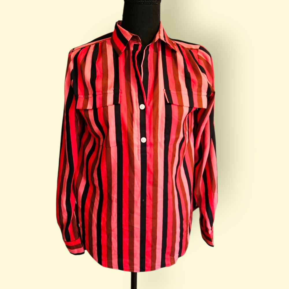 Ann Taylor Red and Black Striped Casual Shirt